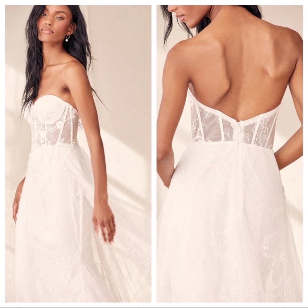 NWOT Lulus Luxe Elegance White Lace Embroidered Rhinestone Strapless Maxi Dress - Picture 5 of 17